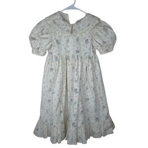 Vintage 90s Daisy Kingdom Dress Girls Size 8 Modest Floral Ribbons Puff Sleeves